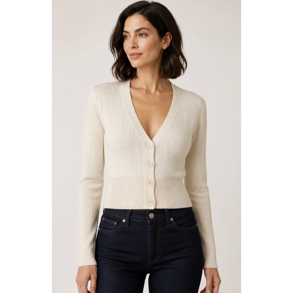 NAADAM Cream Wool Cashmere Ribbed Cropped Cardigan XS